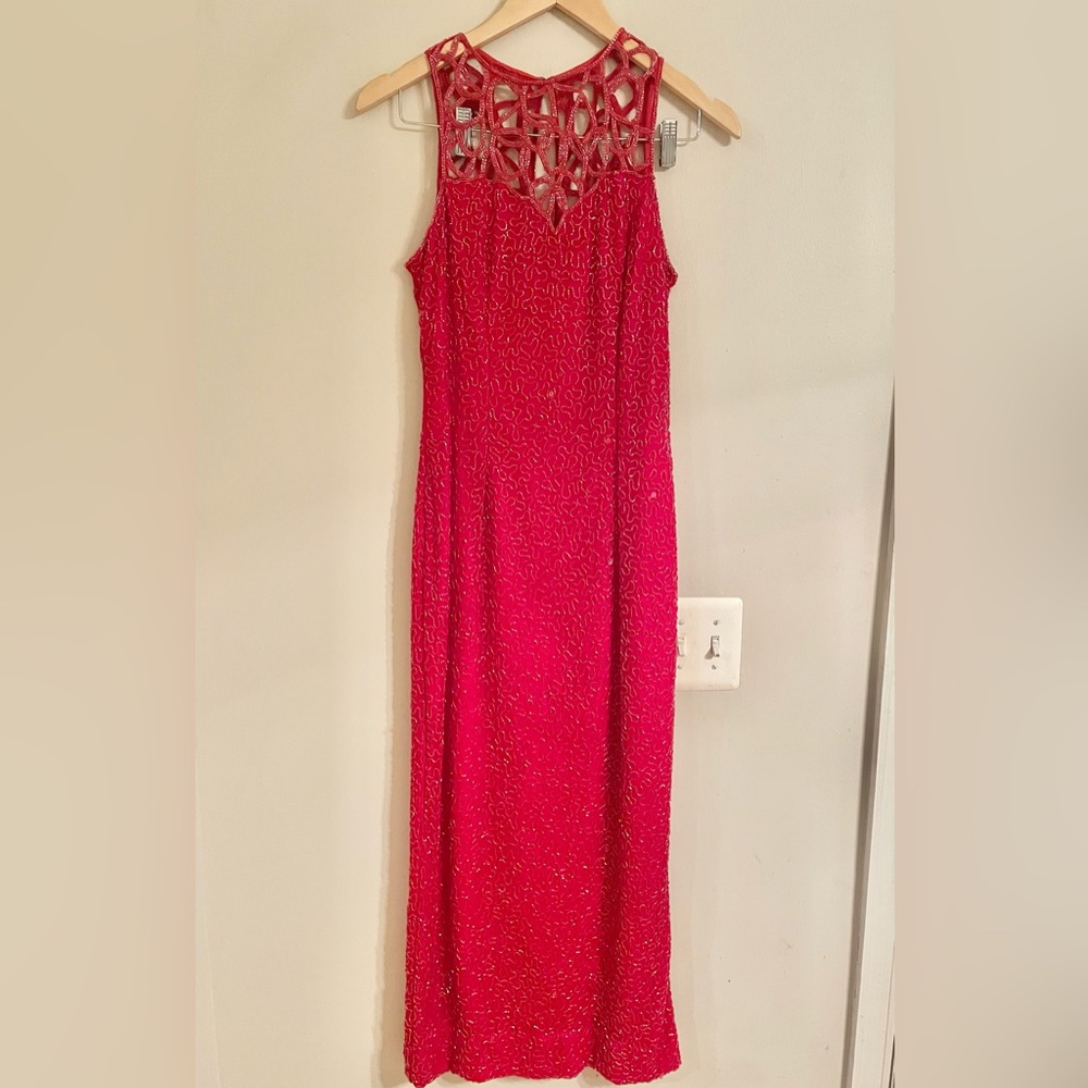 Vintage Laurence Kazar Vibrant Beaded Silk Red Evening/Wedding Sleeveless Dress